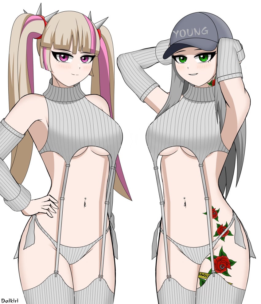 2girls belly blonde_hair cap chigusa_(fortnite) daikiri_di_mon fortnite fortnite:_battle_royale grey_hair lennox_rose_(fortnite) looking_at_viewer multicolored_hair pierced_belly_button pink_eyes rose_tattoo stockings tattoo underboob