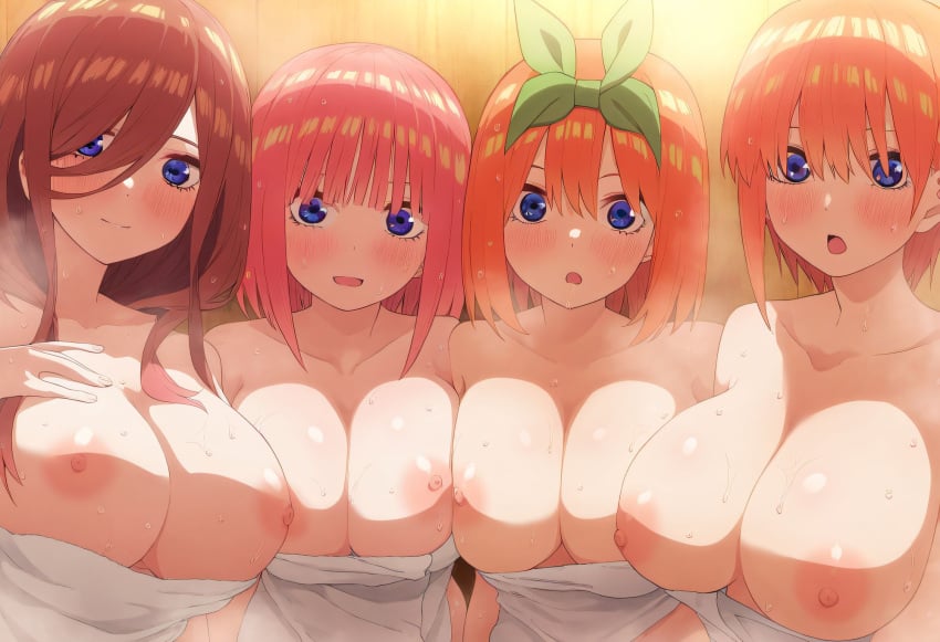 4girls ai_generated bath blue_eyes female_only go-toubun_no_hanayome nakano_ichika nakano_miku nakano_nino nakano_yotsuba naked_towel towel towel_only yamaimo510