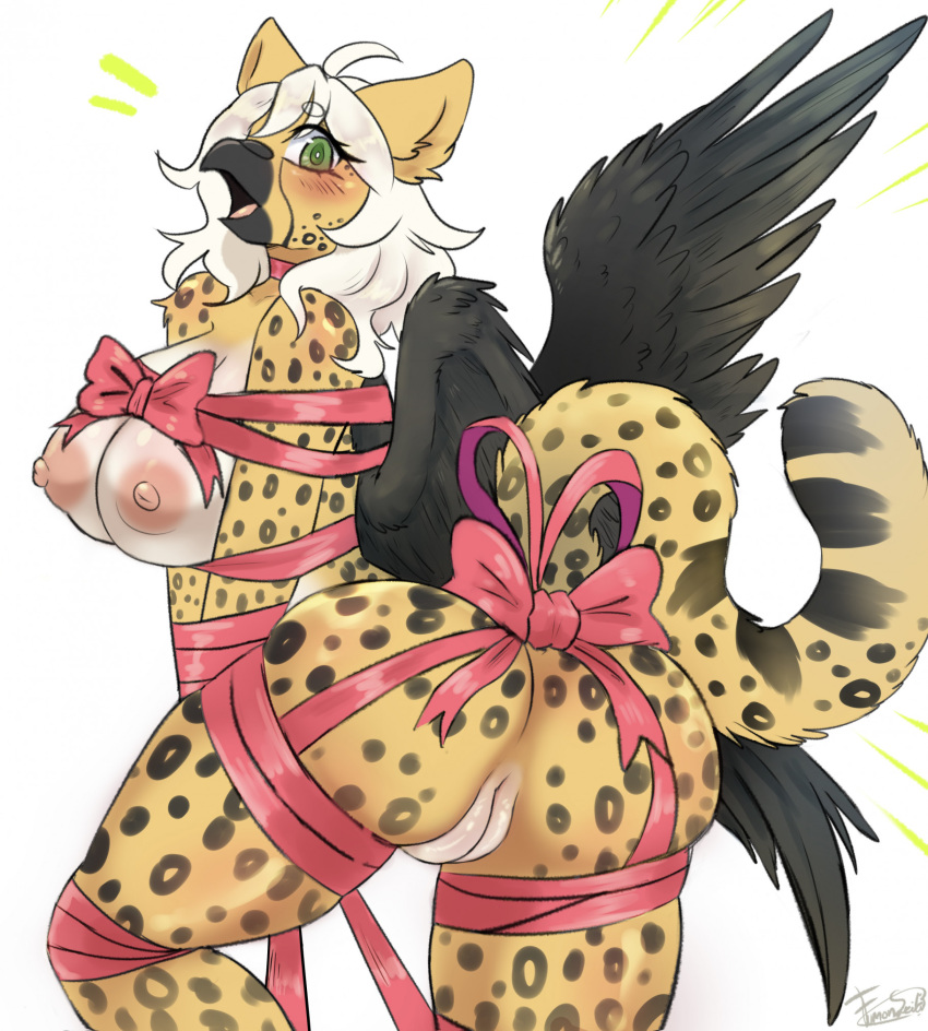 anthro areola avian biped bird breasts cheetah feathers felid feline female fumonpaw fur genitals hi_res hybrid looking_at_viewer looking_back mammal nipples pussy simple_background solo spots spotted_body spotted_fur white_background wings