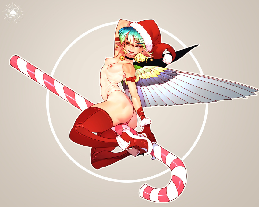 1girls abs arched_back armband big_ass broom candy_cane cheunchin choker christmas earrings fairy feathered_wings feathers gloves jingle_bell light_skin minigirl nude one_arm_up original_character petite pointy_ears pussy pussy_peek rubbing_pussy santa_hat small_breasts solo thick_thighs thighhighs wings