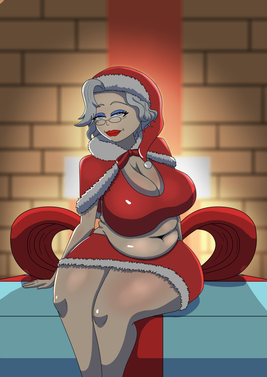 bbw belly big_belly big_boobs big_breasts big_thighs bonnestar12 boobs breasts christmas christmas_hat christmas_outfit chubby gilf gray_eyes gray_hair looking_at_viewer milf mrs._claus potbelly thick_lips thick_thighs thighs wide_hips