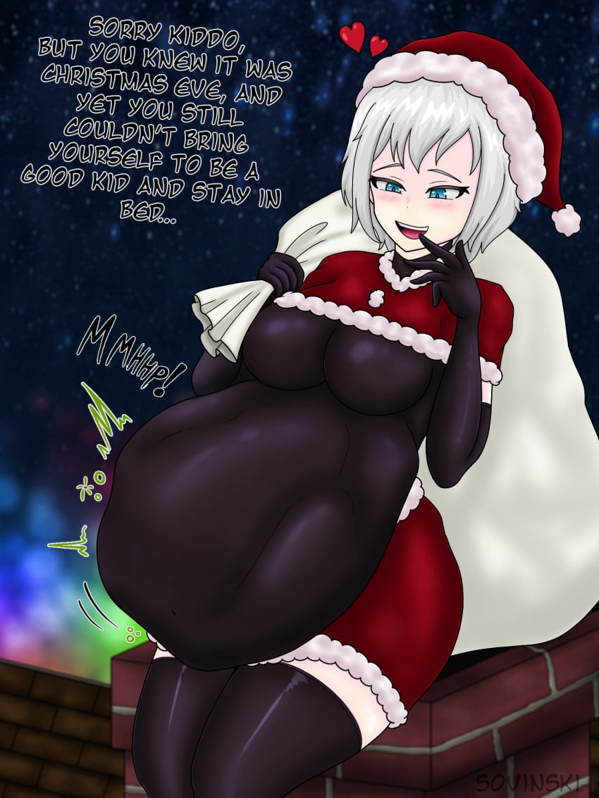 ambiguous_prey armwear belly belly_bulge big_belly big_belly_bulge blush christmas christmas_2023 female female_pred german german_female legwear light-skinned_female light_skin looking_at_belly mocking oral_vore original original_character same_size_vore santa_costume soft_vore sovinski thighhighs vore vore_belly