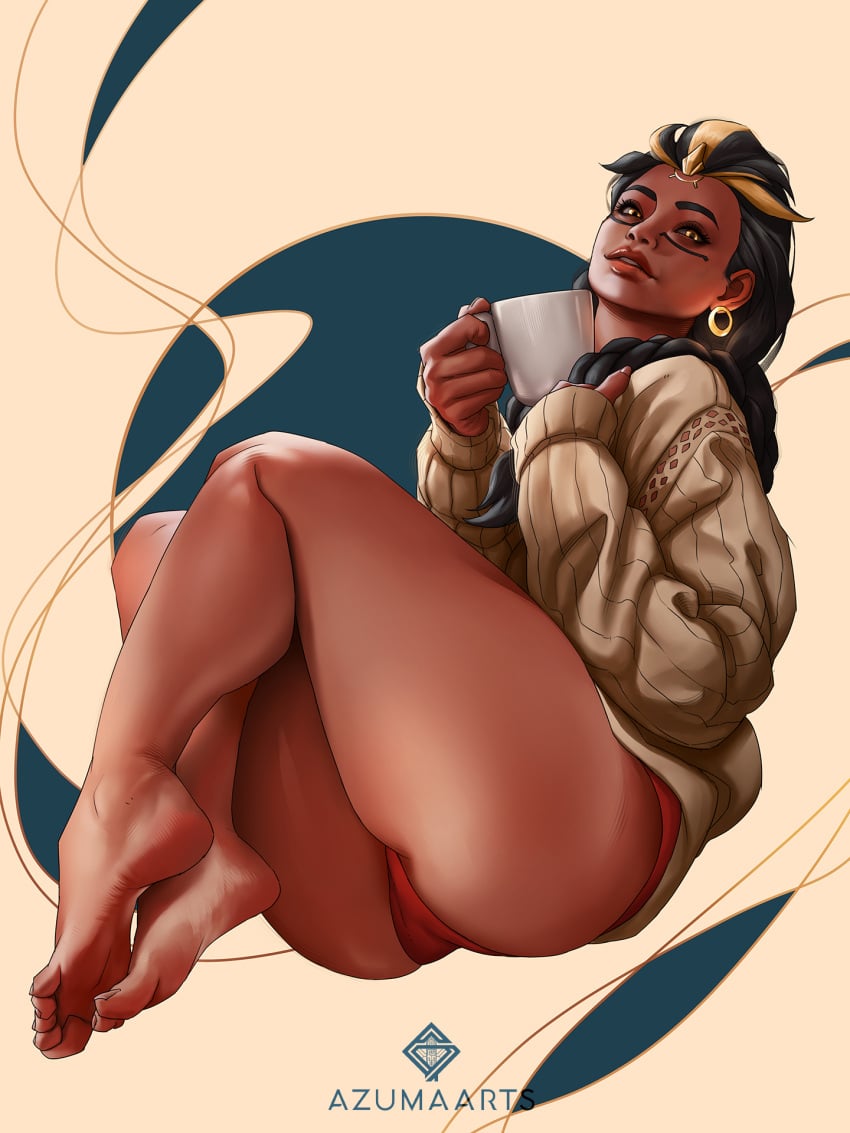 azuma_yasuo azumaarts barefoot blizzard_entertainment cake clothed cup dark-skinned_female feet gold_jewelry heavenly_ass holding_cup holding_object illari_(overwatch) illari_quispe_ruiz latina looking_at_viewer overwatch overwatch_2 peruvian_female red_panties simple_background soles toes