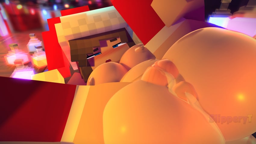 3d 3d_(artwork) after_sex ass big_ass big_breasts big_butt blue_eyes blush breasts brown_hair christmas christmas_lights cum cum_in_ass cum_in_pussy huge_breasts inflation jenny_belle_(slipperyt) large_breasts mine-imator minecraft presenting santa_hat slipperyt thick_ass thick_thighs thighhighs