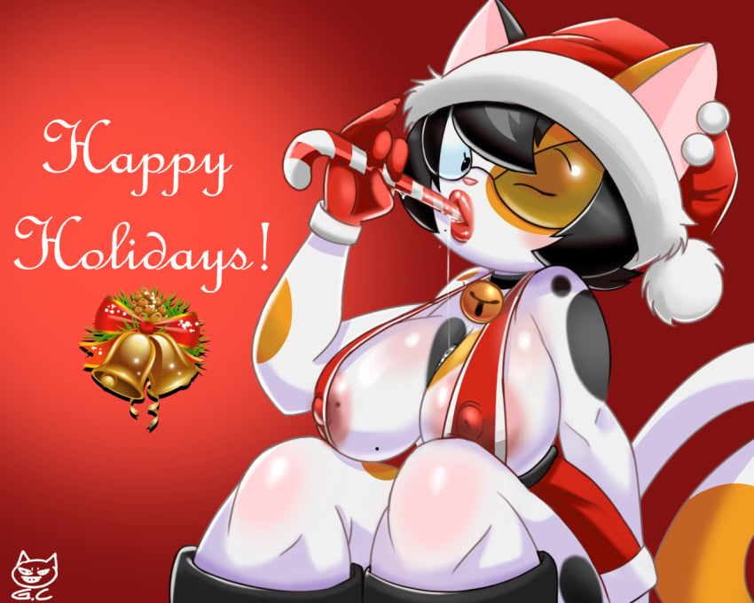 5:4 anthro big_breasts bimbo_lips bodily_fluids breasts calico_cat christmas christmas_candy christmas_clothing clothing domestic_cat felid feline felis fellatio_gesture female gomezcat holidays katy_cali mammal nipples pinup pose saliva solo sucking