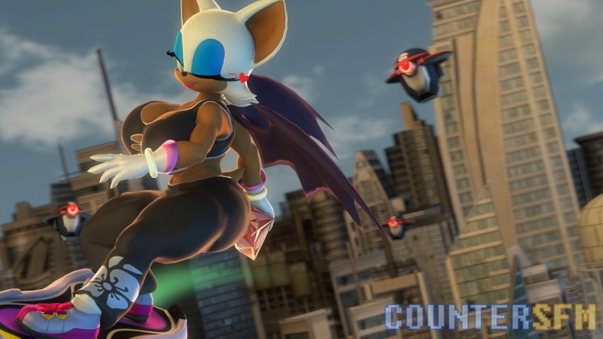 3d big_breasts black_clothing chaos_emerald chiropteran city countersfm day extreme_gear girl hoverboard looking_at_viewer rouge_the_bat sega smile solo sonic_(series) sonic_riders sonic_the_hedgehog_(series) source_filmmaker tan_body tan_skin winking_at_viewer