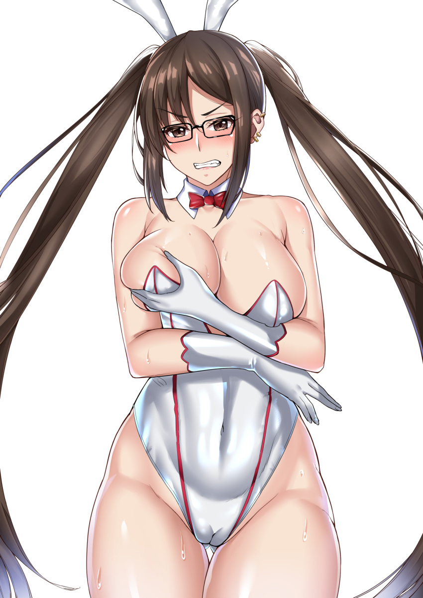 akuta_hinako alternate_costume animal_ears black-framed_eyewear bow bowtie breasts brown_eyes brown_hair bunny_ears bunnysuit cameltoe covered_navel cowboy_shot detached_collar earrings fake_animal_ears fate/grand_order fate_(series) female glasses gloves grabbing_own_breast hairband highleg highleg_leotard highres jewelry large_breasts lc_7v2 leotard long_hair looking_at_viewer multiple_earrings playboy_bunny rabbit_ears red_bow red_bowtie simple_background solo standing strapless strapless_leotard twintails very_long_hair white_background white_gloves white_hairband white_leotard