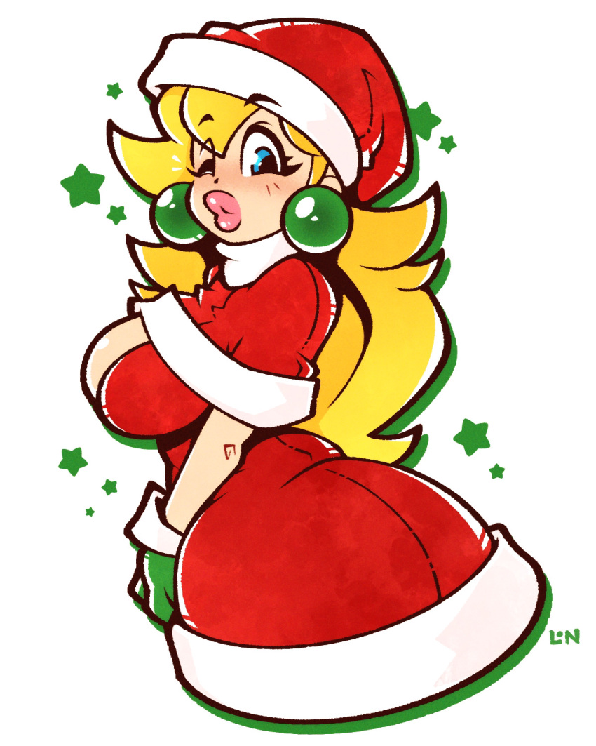 1girls 2023 ass big_ass big_breasts big_butt big_lips big_thighs blonde_hair blue_eyes blush breasts bubble_ass bubble_butt christmas cleavage clothed clothing earrings female female_only holidays legendofnerd lips lipstick looking_at_viewer mario_(series) nintendo pink_lips plump_lips princess_peach santa_costume santa_hat solo solo_female stars thick_ass thick_lips thick_thighs white_background wide_hips wink winking winking_at_viewer