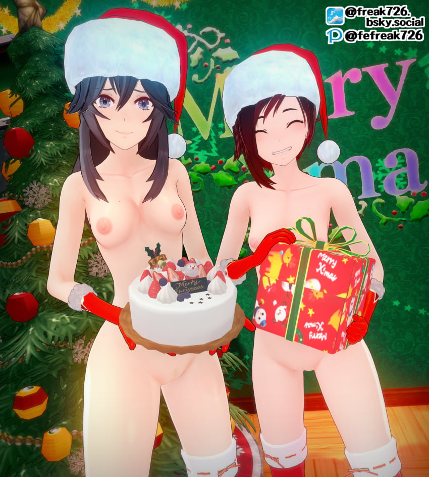 2girls 3d bare_arms bare_shoulders bare_thighs black_hair blue_eyes blue_hair box breasts cake christmas christmas_tree closed_eyes collarbone crossover eastern_and_western_character fefreak726 female female_only fire_emblem fire_emblem_awakening food gift gift_box gloves grin hair_between_eyes long_hair looking_at_viewer lucina_(fire_emblem) medium_breasts merry_christmas multicolored_hair multiple_girls naked_gloves naked_thighhighs nintendo nipples red_hair ruby_rose rwby short_hair shoulders small_breasts smile strawberry symbol-shaped_pupils thighhighs thighs tree