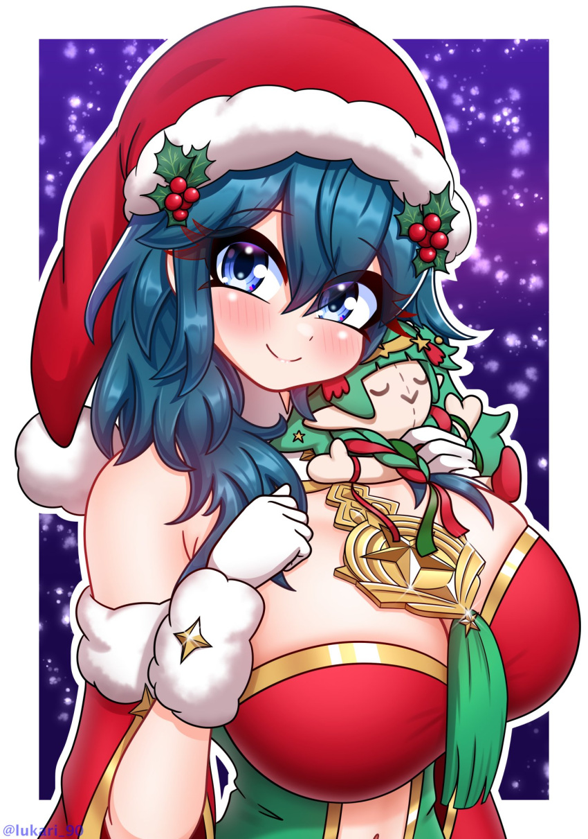 alternate_costume blue_eyes blue_hair breasts byleth_(female)_(frosty_professor)_(fire_emblem) byleth_(fire_emblem) byleth_(fire_emblem)_(female) christmas female female_only fire_emblem fire_emblem:_three_houses fire_emblem_heroes lukari nintendo official_alternate_costume solo