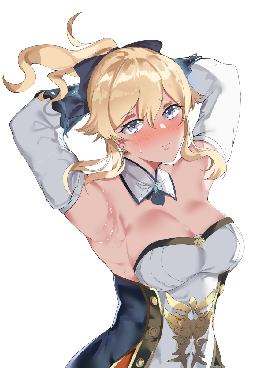 armpits arms_up bad_id bad_pixiv_id blonde_hair blush bow breasts cleavage collar detached_collar detached_sleeves female genshin_impact grey_eyes hair_between_eyes hairbow highres hukii jean_gunnhildr looking_at_viewer ponytail sidelocks simple_background small_breasts solo_female sweat upper_body white_background