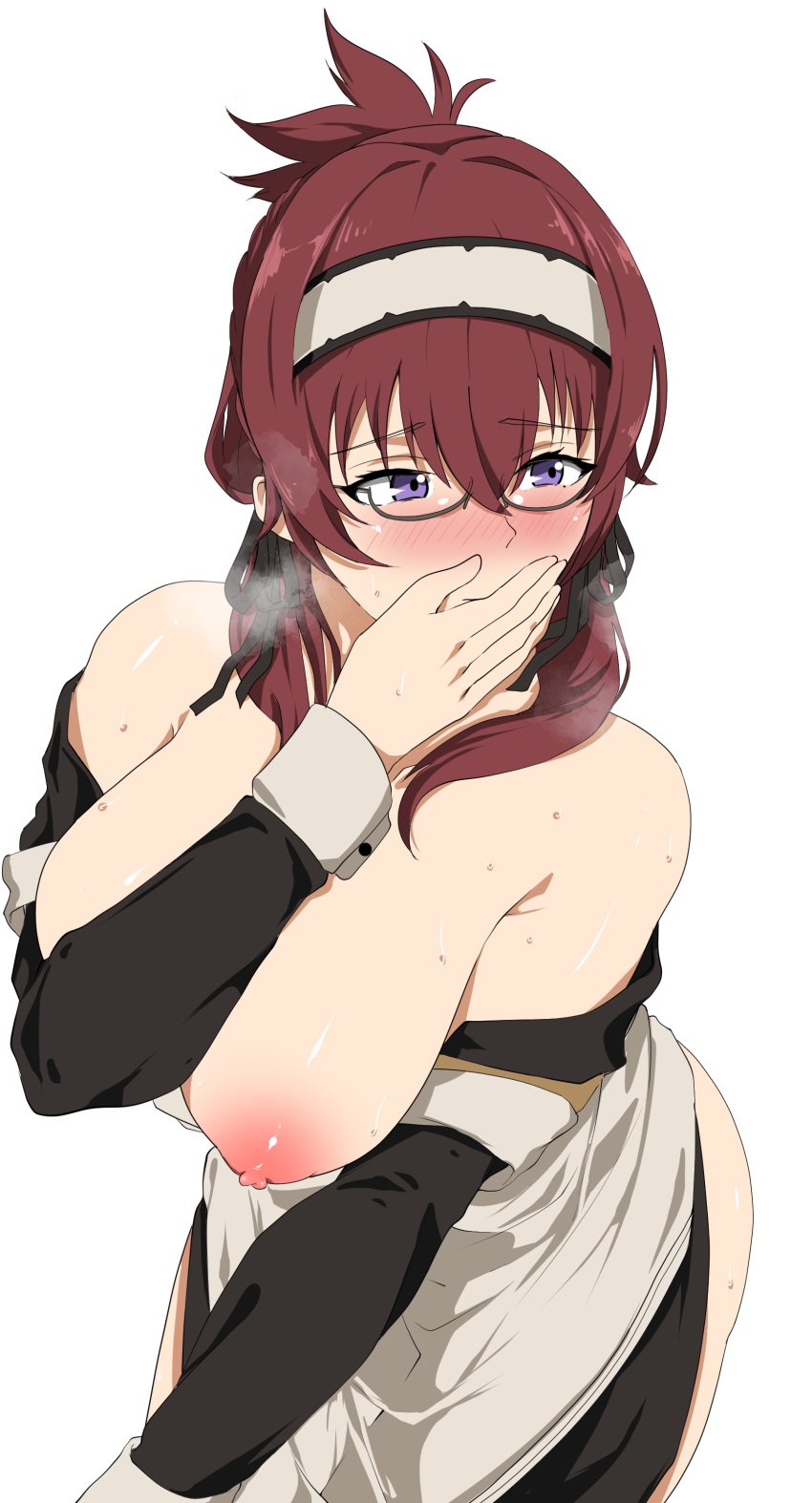 absurdres apron ass black_dress black_ribbon blush breasts breath clothes_lift clothes_pull covering_mouth dress dress_lift dress_pull female glasses hair_ribbon hairband highres hukii large_breasts lillia_greyrat long_hair long_sleeves looking_back maid maid_apron mature_female mushoku_tensei nipples nose_blush purple_eyes red_hair ribbon semi-rimless_eyewear simple_background solo sweat under-rim_eyewear white_apron white_background