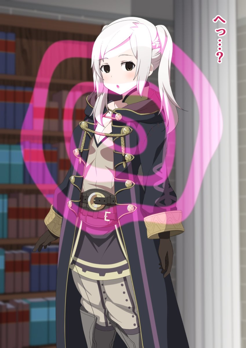 1girls :o book bookshelf breasts brown_eyes cleavage coat female female_only femsub fire_emblem fire_emblem_awakening gloves hypnosis indoors japanese_text looking_at_viewer medium_breasts medium_hair mind_control nintendo open_mouth pants robin_(fire_emblem) robin_(fire_emblem)_(female) solo text translation_request twintails white_hair yugo-eti