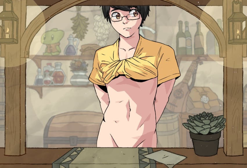 1boy 2023 black_hair catboy chest femboy feminine feminine_male girly glasses human human_male jocat jocat_(character) light_skin mirror navel shirt_tied_up solo solo_male standing