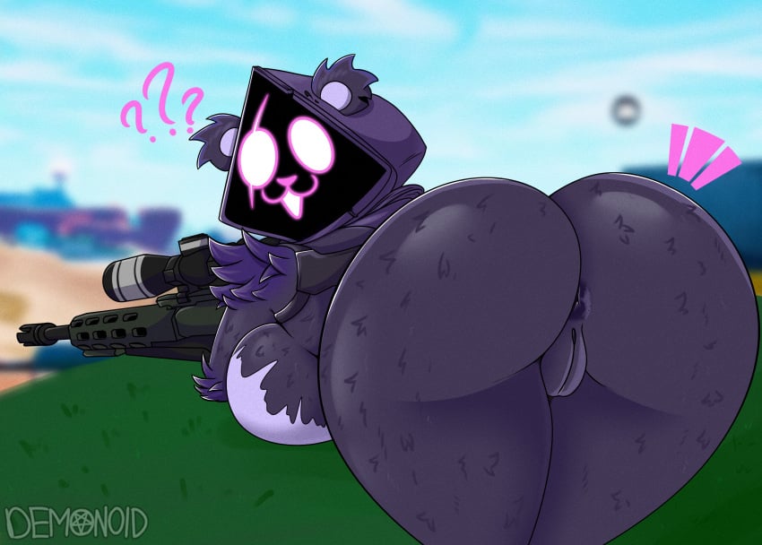 ?! absurd_res all_fours anthro anus ass bear big_ass big_breasts big_butt black_body black_fur bottomless breasts clothed clothing female fortnite fur genitals gun hi_res holding_gun holding_object holding_weapon hood huge_ass huge_breasts looking_at_viewer looking_back looking_back_at_viewer lying mammal on_front on_grass paindemonoidsex purple_eyes pussy ranged_weapon raven_team_leader rear_view rifle sniper_rifle solo tailless weapon