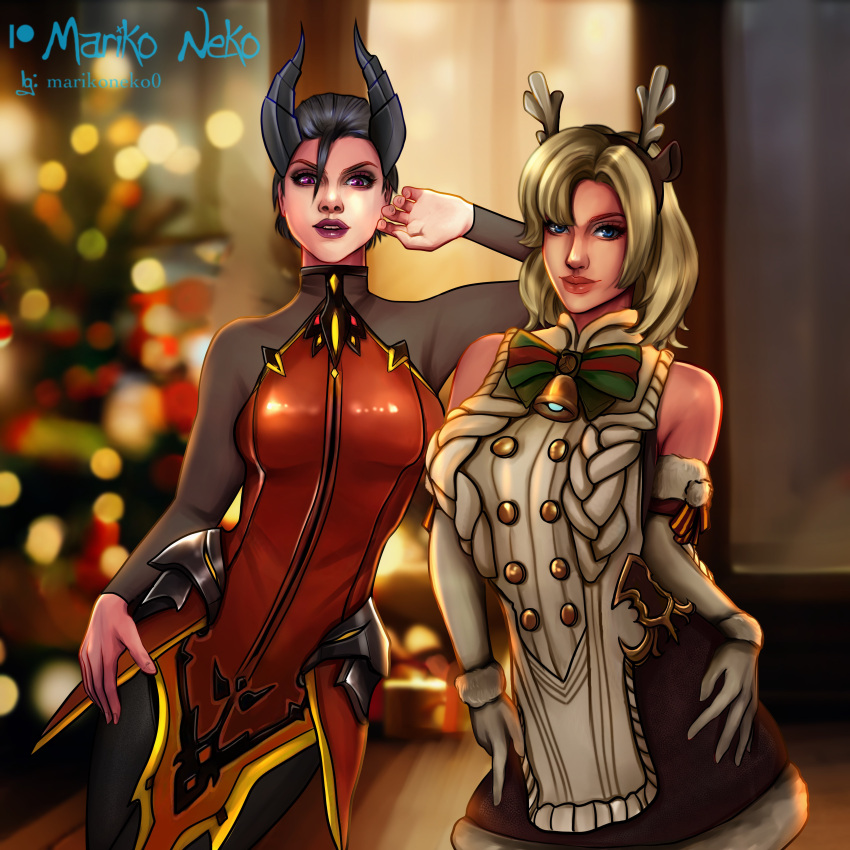 2girls angela_ziegler blizzard_entertainment christmas jingle_belle_mercy looking_at_viewer marikoneko marikoneko0 mercy overwatch overwatch_2