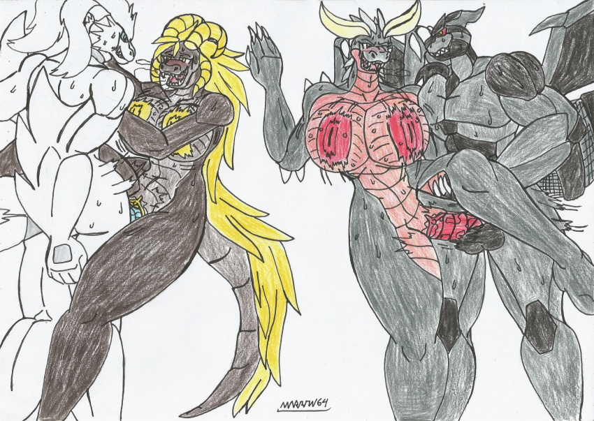 2boys 2girls anthro big_breasts big_hips big_horns big_penis black_scales blue_dick blue_eyes blue_penis bouncing_breasts breath brown_scales crossover dragon_humanoid elder_dragon furry gold_eyes gold_nipples gold_pussy gold_sclera grey_scales kulve_taroth male/female male_penetrating_female marlon64 monster_hunter nergigante on_wall pokémon_(species) pokemon pussy_juice red_dick red_eyes red_nipples red_penis red_pussy red_scales reshiram sideways sweat traditional_drawing_(artwork) vaginal_sex white_background white_scales winged_arms winged_humanoid zekrom