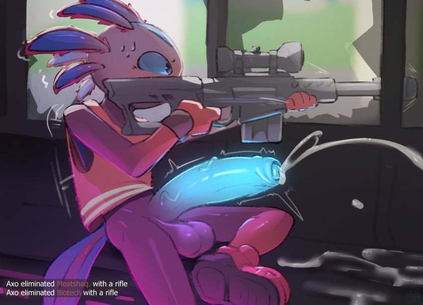 amphibian anthro axo_(fortnite) axolotl balls big_penis blue_penis bodily_fluids clothing cum cumshot ejaculation english_text epic_games footwear fortnite genital_fluids genitals gun hands-free hi_res holding_gun holding_object holding_weapon huge_cock male male_only marine meatshaq mole_salamander penis ranged_weapon rifle salamander shirt shoes sitting slim small_but_hung sneakers sniper_rifle solo sweat sweatdrop tank_top text topwear weapon