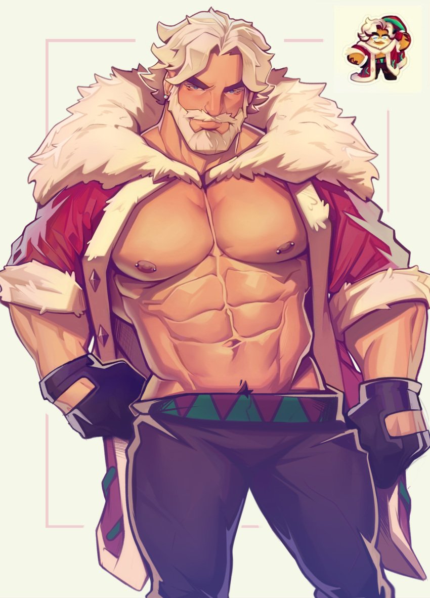 1boy bara bara_tits barazoku beard beefy christmas clothing cookie_run cookie_run_ovenbreak daddy eggnog_cookie facial_hair gay hairy holidays holo_eden humanized_cookie looking_at_viewer male male_focus male_nipples male_only manly muscular_male nipples santa_costume solo solo_male tough_guy white_beard white_hair yaoi