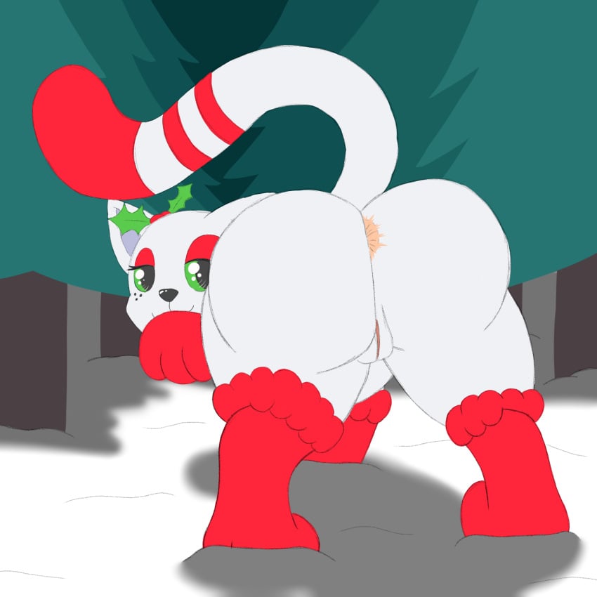 1:1 anus ass christmas christmas_tree clothing domestic_cat felid feline felis female feral foxkai fur genitals green_sclera hi_res holidays holly_(plant) junipurr legwear mammal plant presenting presenting_hindquarters pussy rear_view red_body red_fur snow solo stockings stripes tail tree white_body white_fur