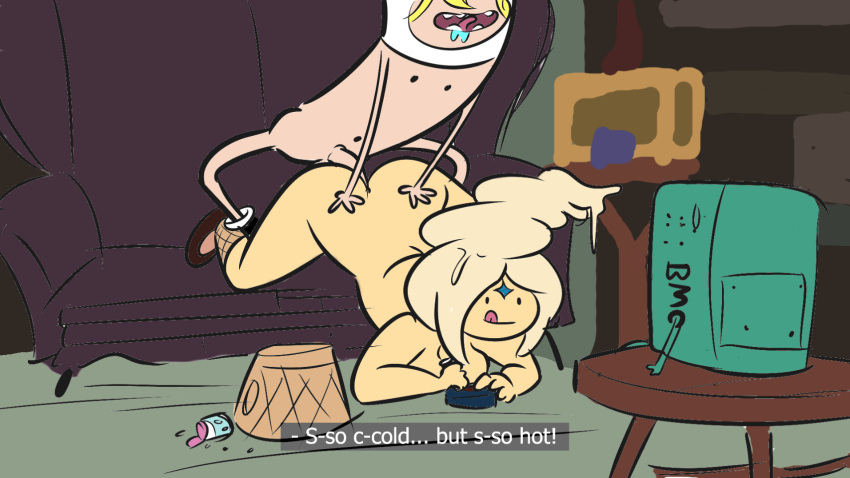 1boy 1girls adventure_time big_ass big_breasts blonde_hair bmo casual dialogue drooling electronics female finn_the_human frozen_yogurt_princess game_console hat human humanoid long_hair male multitasking nude pale_skin playing_videogame shoes white_hair yellow_body yogurt