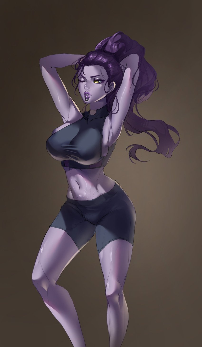 breasts dako_(beehaan) midriff overwatch spats sports_bra sportswear tight_clothing widowmaker