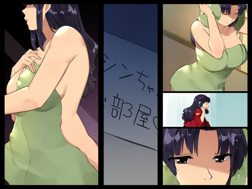 1girls arms_up black_border black_eyes border breasts cleavage close-up closed_eyes covering_nipples covering_privates female_focus from_above from_below from_side green_towel hand_up happy hi_res hip_focus indoors jacket large_breasts long_hair misato_katsuragi multiple_views naked_towel neon_genesis_evangelion nude open_mouth parted_lips phone purple_hair sequential smile standing tamabon_(koutetsu_shabondama) towel upper_body walking