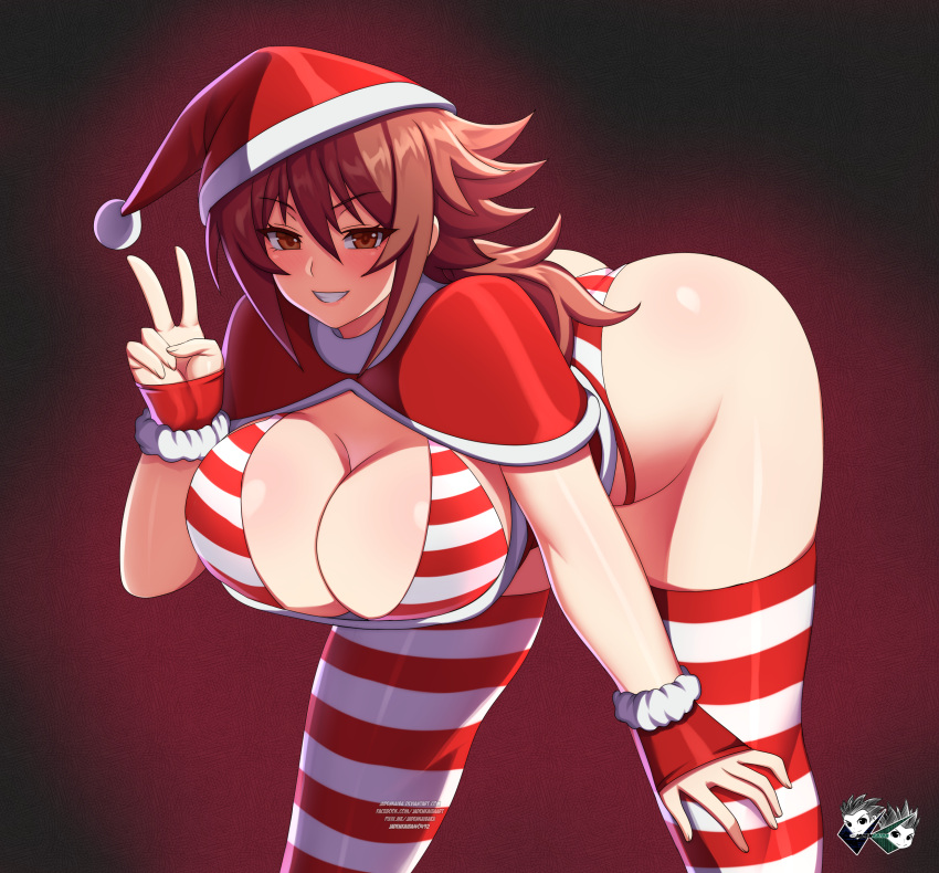 1girls alternate_version_available ass bent_legs bent_over big_ass big_breasts blush bottomwear bra breasts brown_eyes brown_hair christmas christmas_clothing christmas_outfit cleavage female female_only hair hat headwear hips huge_breasts jadenkaiba legwear looking_at_viewer original_character panties peace_sign santa_hat school_fight solo solo_female striped_bra striped_legwear striped_panties striped_thighhighs thighs topwear wide_hips yui_rakkuza