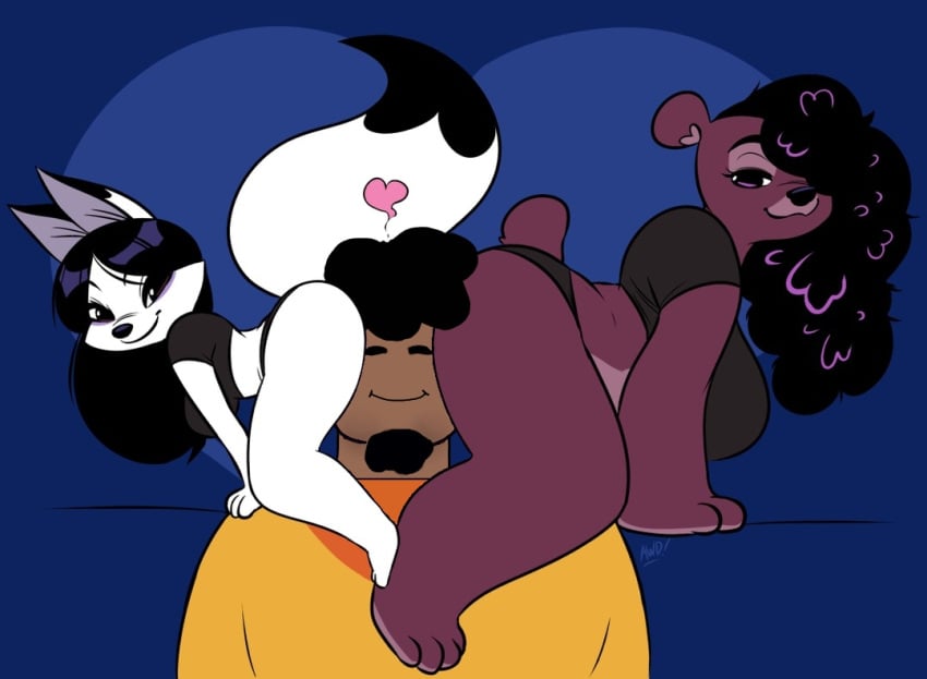 1boy 1human 2girls african_male anthro anthro_female ass awd awdtwit bear bear_girl black_hair brown_fur brown_skin brown_skinned_male butt_on_face closed_eyes fox fox_girl furry furry_female furry_with_non-furry heart human human_is_better human_male interspecies jasmine_(awdtwit) mammal panties sandwiched shirt smile sugarberry_(awdtwit) white_fur