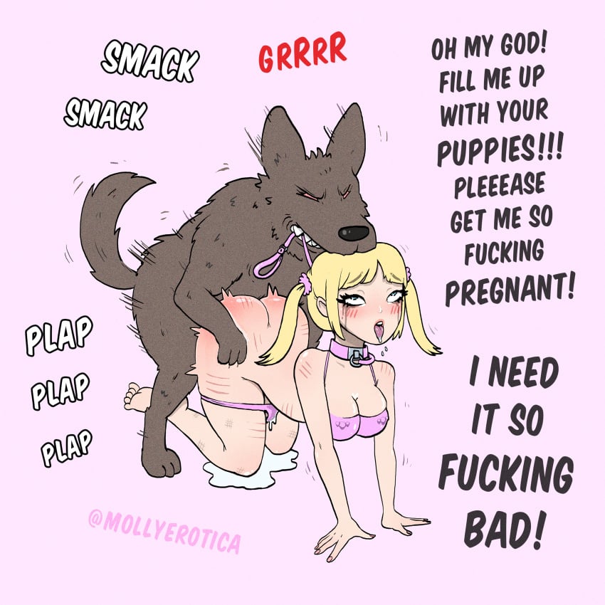 1animal 1boy 1dog 1girls ahe_gao all_fours animal_holding_leash artist_name asking_for_creampie barbell_piercing bestiality blonde_hair canine canine_on_human doggy_style english_text feral_holding_leash full_body human_pet_feral_owner impregnation impregnation_request interspecies leash_in_mouth leashed_collar legs_together medium_breasts mollyerotica nipple_piercing nipple_piercings_under_clothes petplay pink_background pink_collar pink_leash pink_nails plap_(sound) profanity role_reversal runny_mascara scratch_marks simple_background smack_(sound_effect) tremble_lines twintails zoophilia