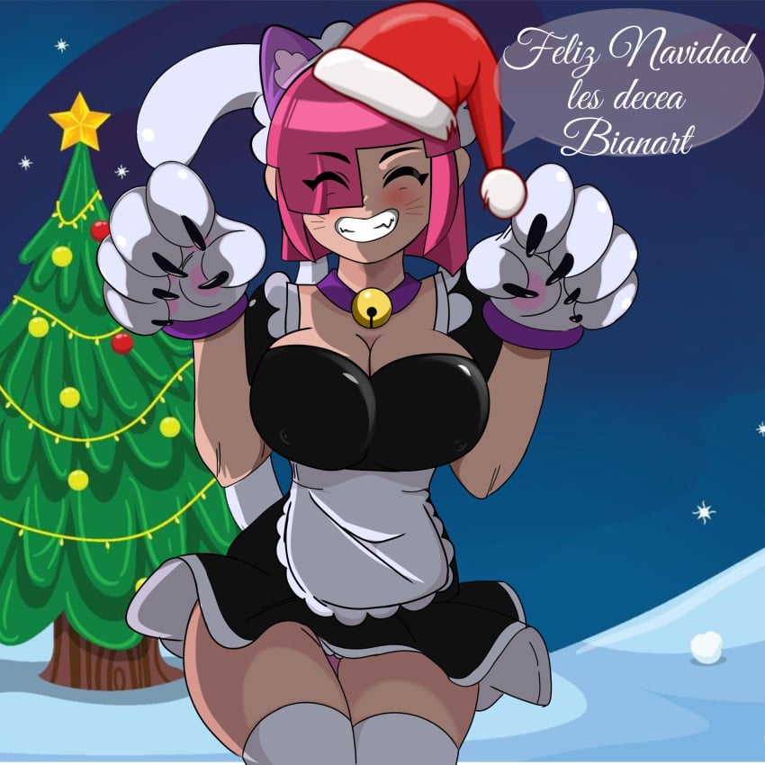 bianart brawl_stars breasts cat_ears cat_tail christmas christmas_hat colette_(brawl_stars) female female_only maid maid_uniform paw_gloves paws pink_hair pinku_pawlette snow text thighs uniform