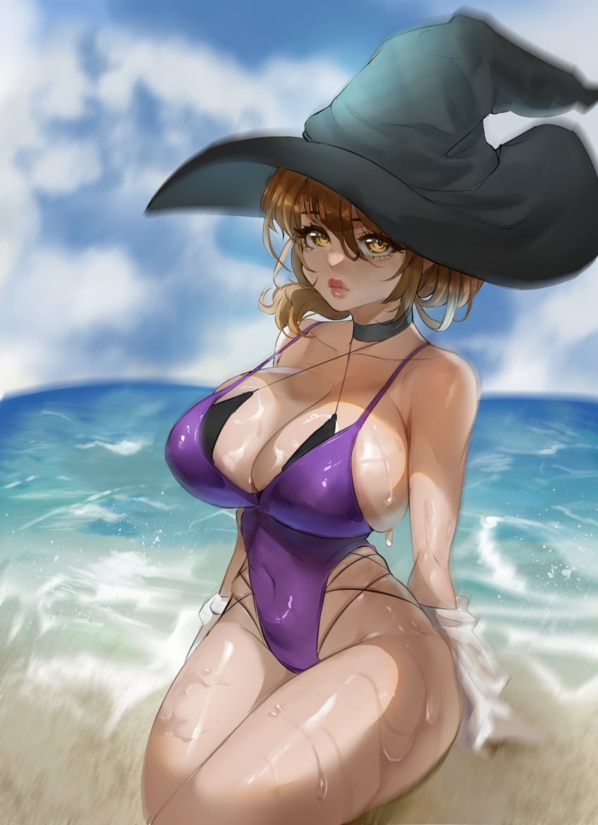 big_breasts choker dako_(beehaan) highleg_swimsuit large_hips swimsuit thick_thighs witch_hat