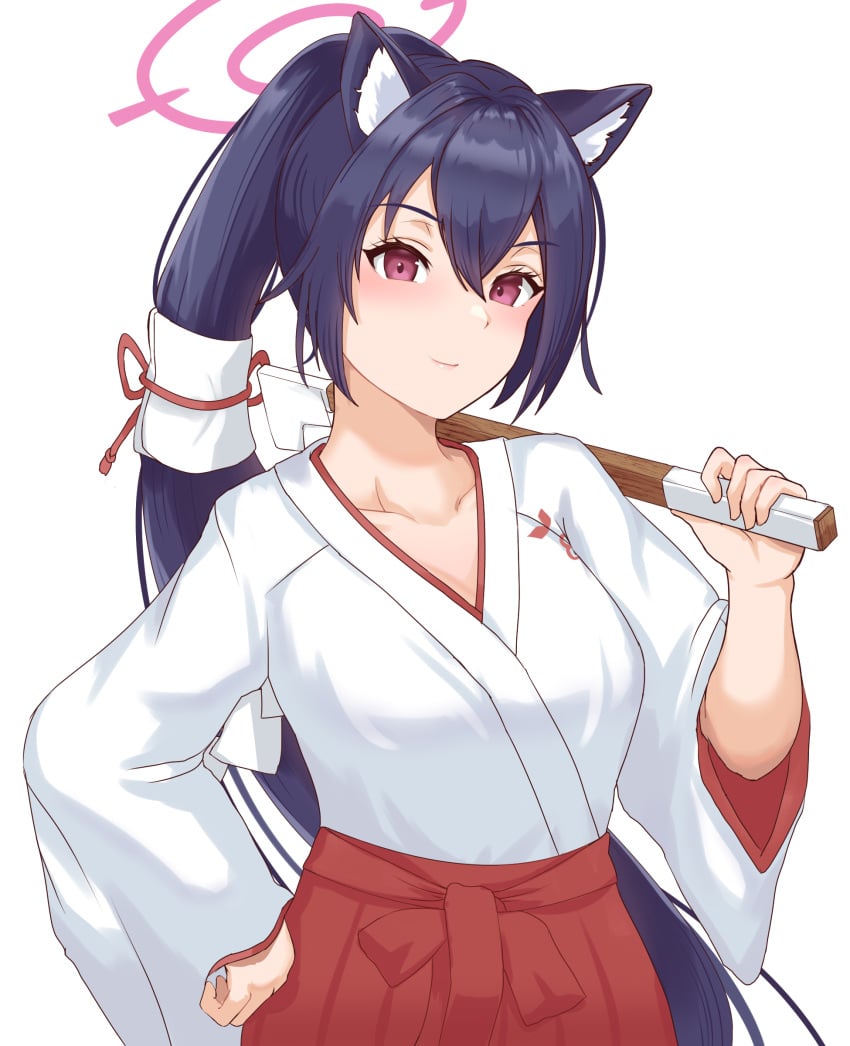 absurdres abydos_high_school_student animal_ear_fluff animal_ears black_hair blue_archive blush cat_ears chopin_oekaki commentary_request female foreclosure_task_force_(blue_archive) hair_between_eyes hakama hand_on_own_hip highres japanese_clothes kimono long_hair long_sleeves looking_at_viewer miko ponytail purple_eyes serika_(blue_archive) serika_(new_year)_(blue_archive) smile solo upper_body white_kimono