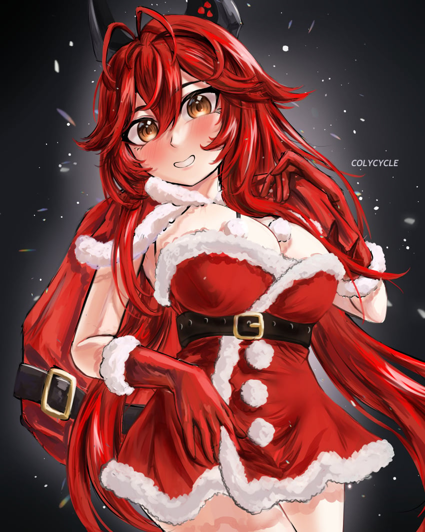 1girls artist_name blush breasts christmas christmas_outfit cleavage clothed clothing colycycle female female_only gloves goddess_of_victory:_nikke horns huge_breasts light-skinned_female light_skin looking_at_viewer mechanical mechanical_horns red_gloves red_hair red_hood_(nikke) solo yellow_eyes