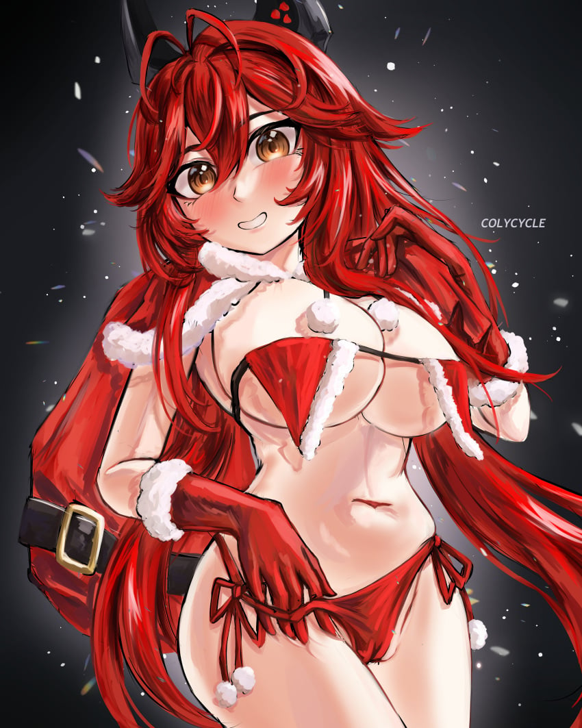 1girls artist_name belly_button bikini blush breasts christmas christmas_outfit cleavage clothed clothing colycycle female female_only gloves goddess_of_victory:_nikke horns huge_breasts light-skinned_female light_skin looking_at_viewer mechanical mechanical_horns red_bikini red_gloves red_hair red_hood_(nikke) revealing_clothes santa_bikini skimpy_clothes solo yellow_eyes