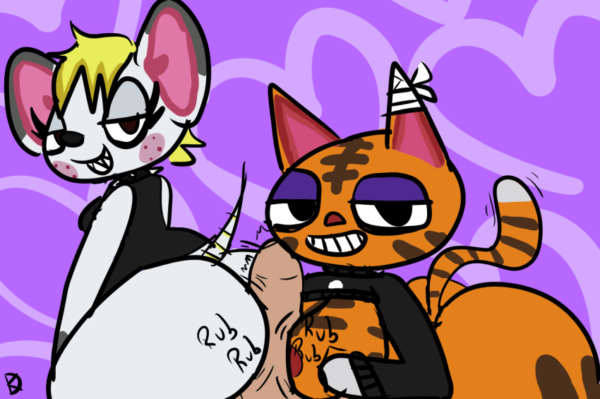 2019 animal_crossing bella_(animal_crossing) big_ass big_breasts feline half-closed_eyes hot_dogging huge_ass human_on_anthro klutzatdusk male_human/female_anthro male_on_anthro male_pov mouse nintendo paizuri pov seductive tabby_(animal_crossing) teamwork threesome unseen_male_face