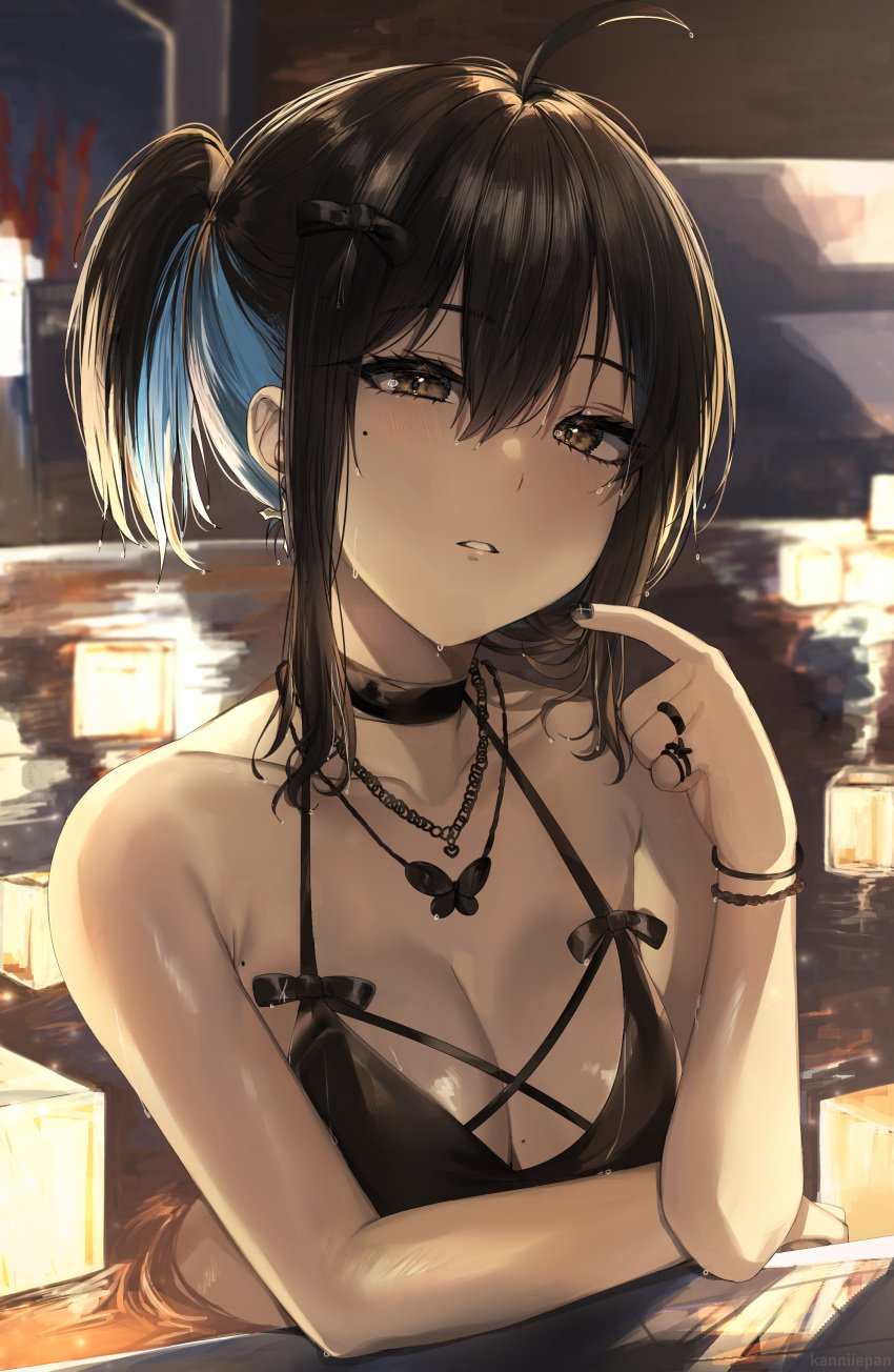 ahoge artist_name bangs bikini black_bikini black_bow black_choker black_hair black_nails black_swimsuit blue_hair blurry blurry_background blush bow breasts brown_eyes choker clothing colored_inner_hair cross cross_earrings earrings eyebrows_visible_through_hair female female hair_between_eyes hair_ornament hairbow halter_top halterneck high_resolution irene_(kanniiepan) jewelry kanniiepan lantern large_filesize looking_at_viewer medium_breasts medium_hair mole mole_on_breast mole_under_eye multicolored_hair multiple_rings nail_polish necklace onsen open_mouth original parted_lips partially_submerged ponytail ring sidelocks solo swimsuit tagme tied_hair two-tone_hair upper_body very_high_resolution water wet wet_hair