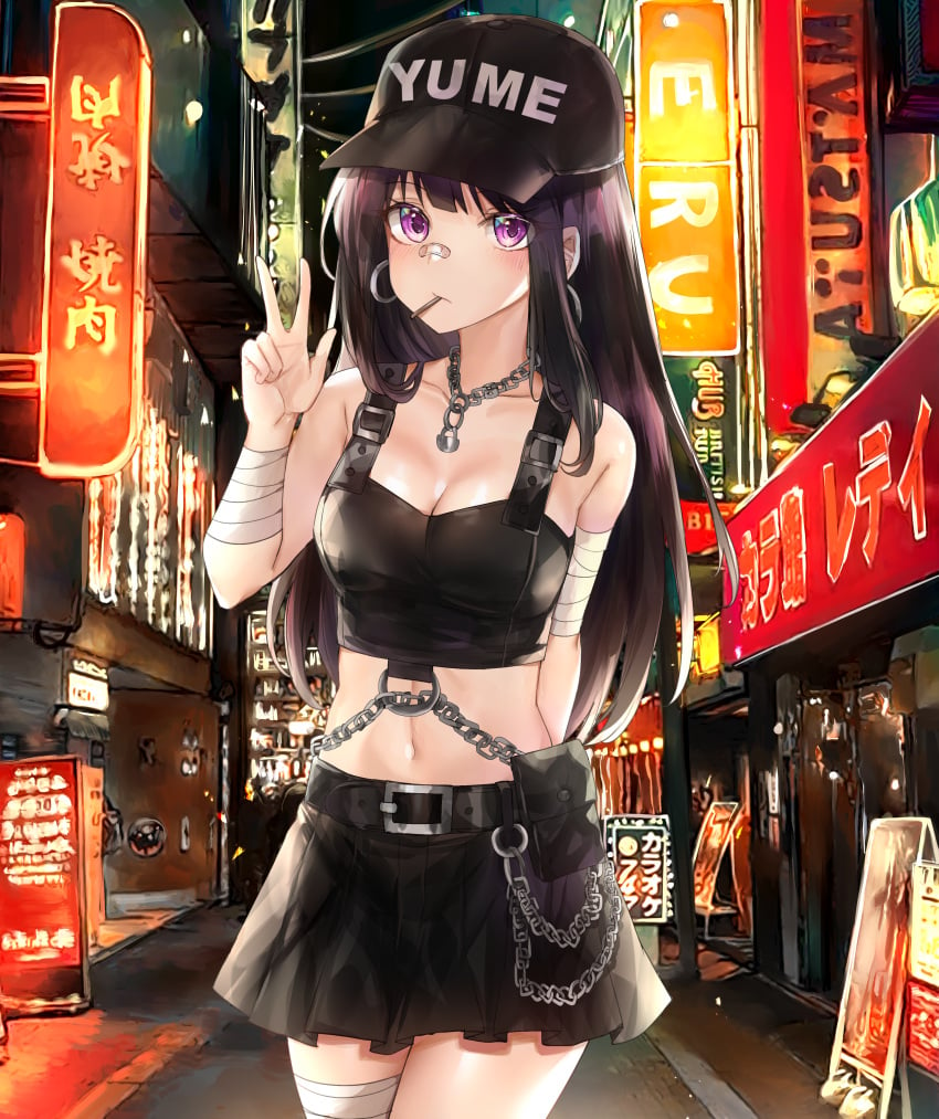 absurdres bandage bandaged_arm bandaged_leg bandages bandaid bandaid_on_nose bare_shoulders baseball_cap belt belt_pouch black_hair black_shirt black_skirt breasts chains chitanda_eru cleavage collarbone cowboy_shot crop_top earrings female hand_up hat highres hoop_earrings huge_filesize hyouka jewelry kanniiepan long_hair looking_at_viewer medium_breasts midriff miniskirt mouth_hold navel necklace neon_lights night outdoors pleated_skirt pouch purple_eyes shirt sidelocks sign skirt sleeveless sleeveless_shirt solo standing stomach tagme w