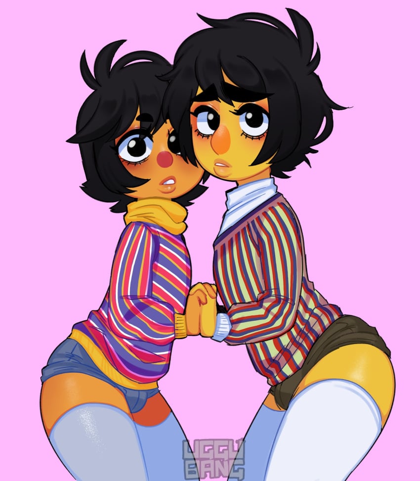 2boys bert ernie femboy girly male_only muppets sesame_street stockings uggu_bang