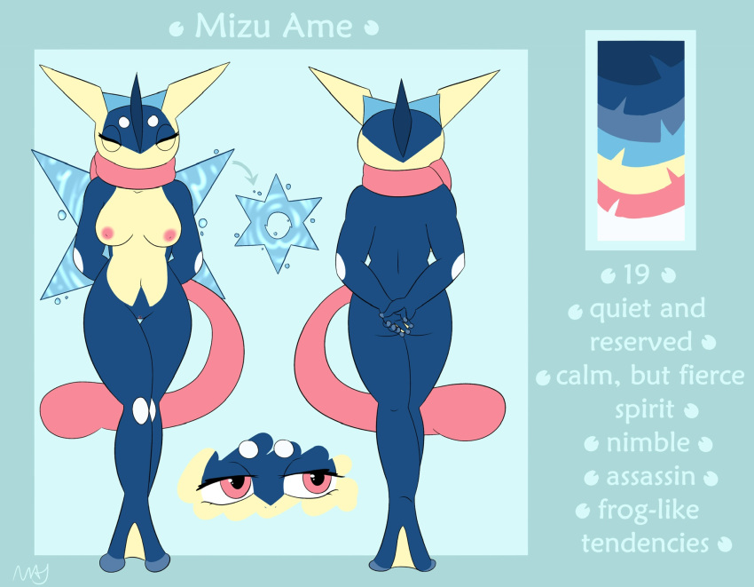 anthro ass breasts fawnshyart female genitals greninja hi_res information model_sheet ninja nintendo nipples nude pokémon_(species) pokemon pokemon_(species) pussy ranged_weapon shuriken solo tongue video_games warrior weapon