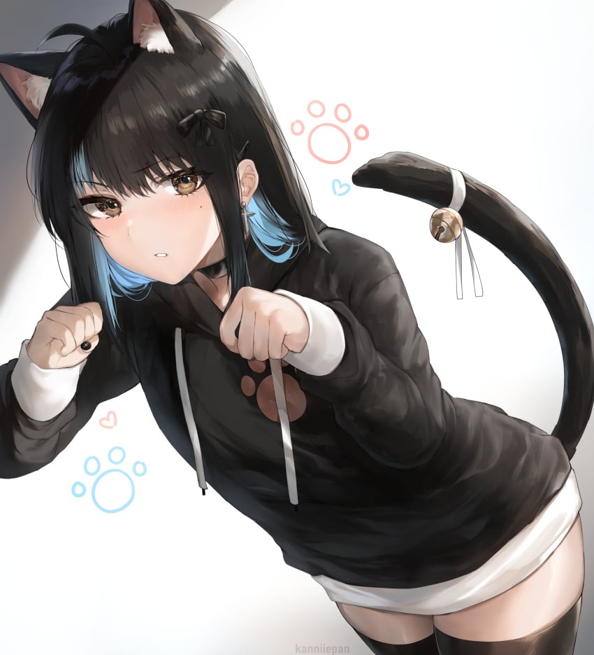 ahoge animal_ear_fluff animal_ears animal_print bangs bell black_bow black_choker black_hair black_hoodie black_legwear black_nails blue_hair blush bow brown_eyes cat_pose cat_tail choker cowboy_shot cross cross_earrings drawstring earrings eyebrows_visible_through_hair female hair_ornament hairbow hands_up high_resolution hood hoodie irene_(kanniiepan) jewelry jingle_bell kanniiepan kemonomimi_mode large_filesize long_sleeves looking_at_viewer medium_hair mole mole_under_eye multicolored_hair nail_polish nekomimi original parted_lips paw_pose paw_print paw_print_background raised_tail ribbon simple_background solo tagme tail tail_bell tail_ornament tail_ribbon thighhighs very_high_resolution white_background white_ribbon