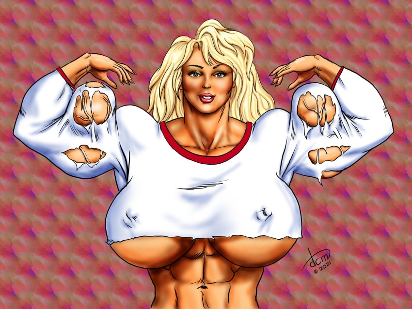 1girls abs areolae biceps big_breasts blonde_hair blue_eyes breasts dcmatthews female female_only flexing huge_breasts hulking_out hulkout hyper_muscles large_breasts long_hair massive_breasts muscles muscular muscular_female original_character ripped_clothing satin_steele smile solo_female tanned_skin underboob upper_body white_shirt