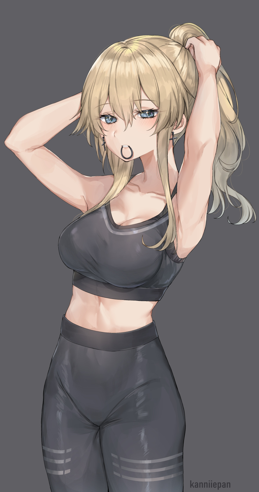 armpits arms_behind_head arms_up artist_name bare_shoulders black_legwear black_pantyhose blonde_hair bra breasts clavicle cleavage crop_top cross cross_(symbol) cross_earrings earrings female genshin_impact grey_background grey_bra grey_pants gym_clothes high_resolution jean_gunnhildr jewelry kanniiepan large_breasts long_hair looking_at_viewer midriff mouth_hold pants pantyhose piercing ponytail shirt sidelocks solo sports_bra sports_uniform sportswear tagme text thighs tied_hair tying_hair underwear uniform very_high_resolution yoga_pants