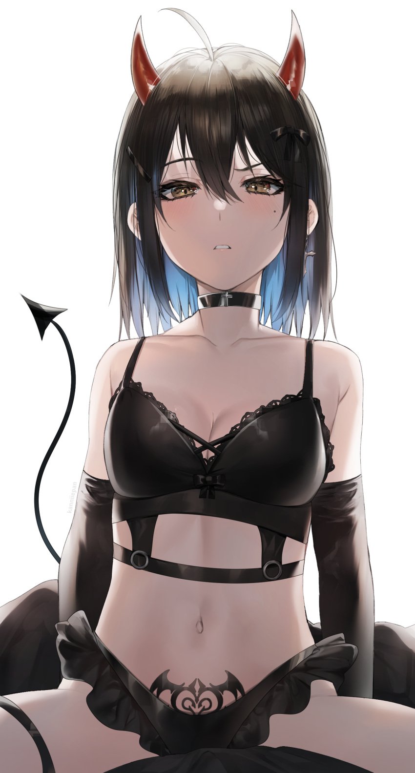 ahoge artist_name bangs bare_shoulders black_bow black_bra black_choker black_gloves black_hair black_panties black_underwear blue_hair blush bow bra breasts brown_eyes choker cleavage clothing colored_inner_hair cowboy_shot cross cross_earrings demon_horns demon_tail earrings elbow_gloves female female gloves hair_between_eyes hair_ornament hairbow hairclip high_resolution horns irene_(kanniiepan) jewelry kanniiepan looking_at_viewer medium_breasts medium_hair mole mole_under_eye multicolored_hair navel open_mouth original pantsu parted_lips pubic_tattoo sidelocks simple_background sitting solo stomach tagme tail tattoo thigh_strap two-tone_hair underwear underwear_only very_high_resolution white_background