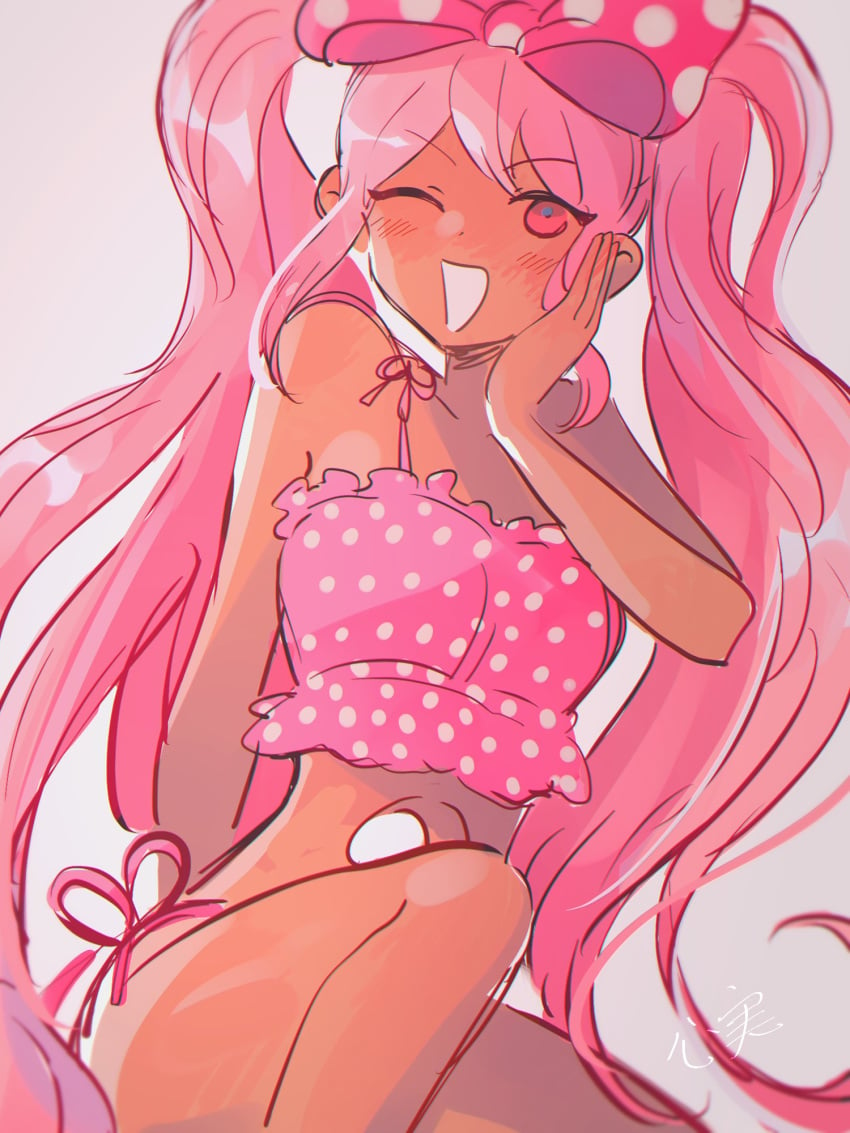 1girls bikini bow donut_girl k0k0midess mob_face omori pink_eyes pink_hair sweetheart_(omori) tan_skin twintails wink