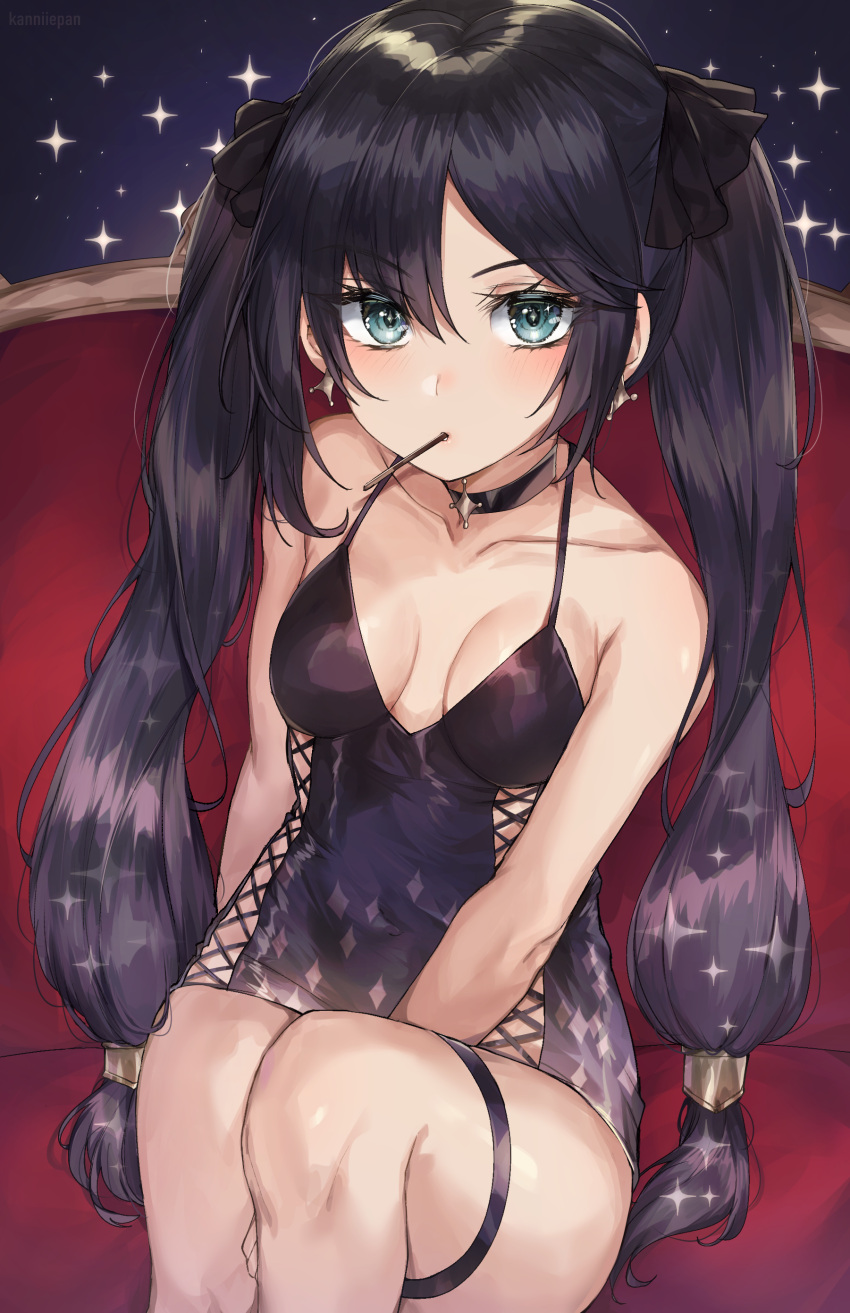 alternative_costume bangs bare_shoulders bent_knees black_dress black_hair blush bow breasts choker clavicle cleavage couch dress earrings female female fishnets food garter genshin_impact green_eyes hair_ornament hairbow high_resolution jewelry kanniiepan long_hair low-tied_long_hair medium_breasts mona_(genshin_impact) mouth_hold no_bra piercing pocky purple_hair ribbon_choker sitting sitting_on_couch solo sparkle star_(sky) sweets tagme thigh_strap thighs tied_hair twintails very_high_resolution