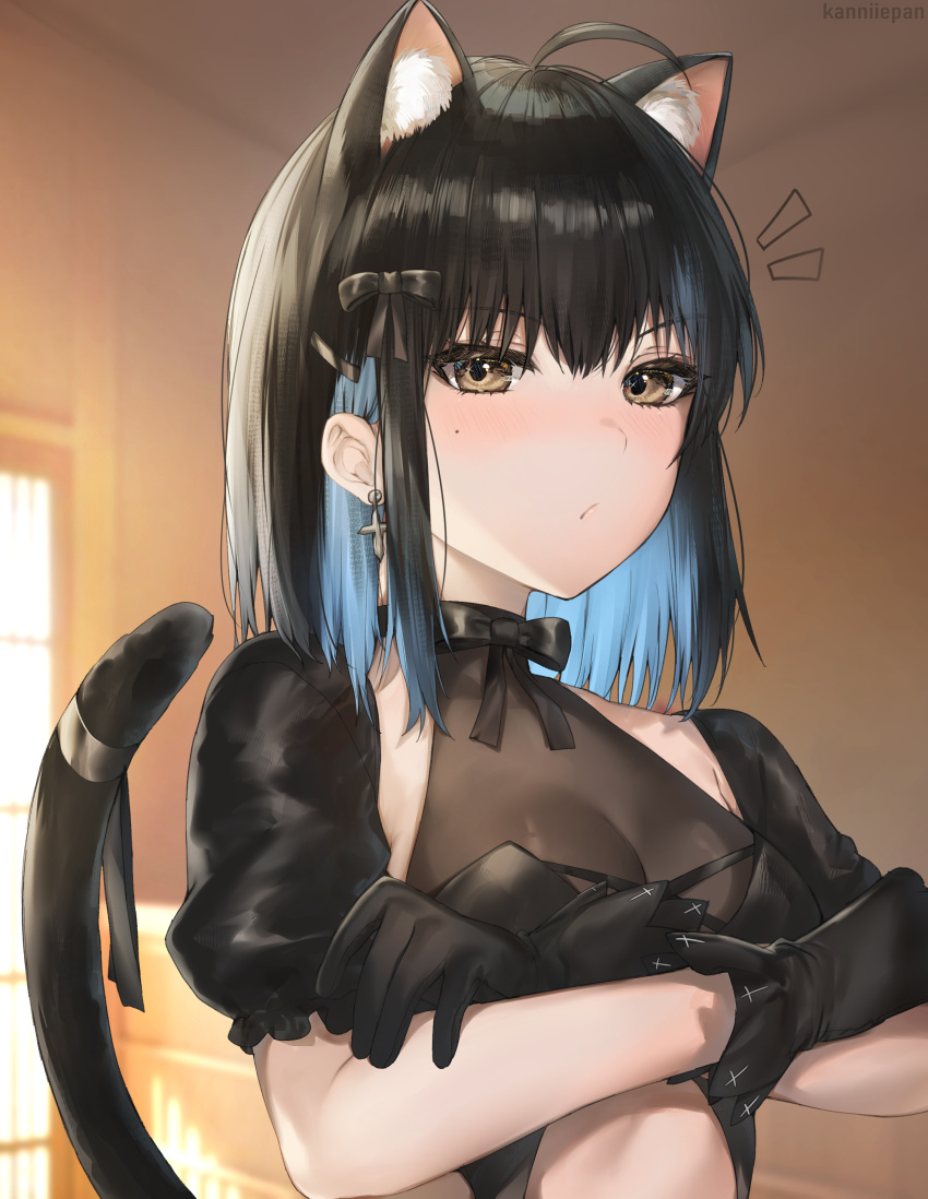 ahoge animal_ear_fluff animal_ears bangs black_bow black_gloves black_hair black_ribbon blue_hair blurry blurry_background blush bow breasts brown_eyes cat_tail cleavage closed_mouth crop_top cross cross_earrings crossed_arms depth_of_field detached_sleeves earrings extra_ears eyebrows_visible_through_hair female female gloves hair_ornament hairbow high_resolution indoors irene_(kanniiepan) jewelry kanniiepan kemonomimi_mode large_filesize looking_at_viewer medium_breasts mole mole_under_eye multicolored_hair nekomimi notice_lines original raised_tail ribbon short_sleeves solo tagme tail tail_ornament tail_ribbon upper_body very_high_resolution window