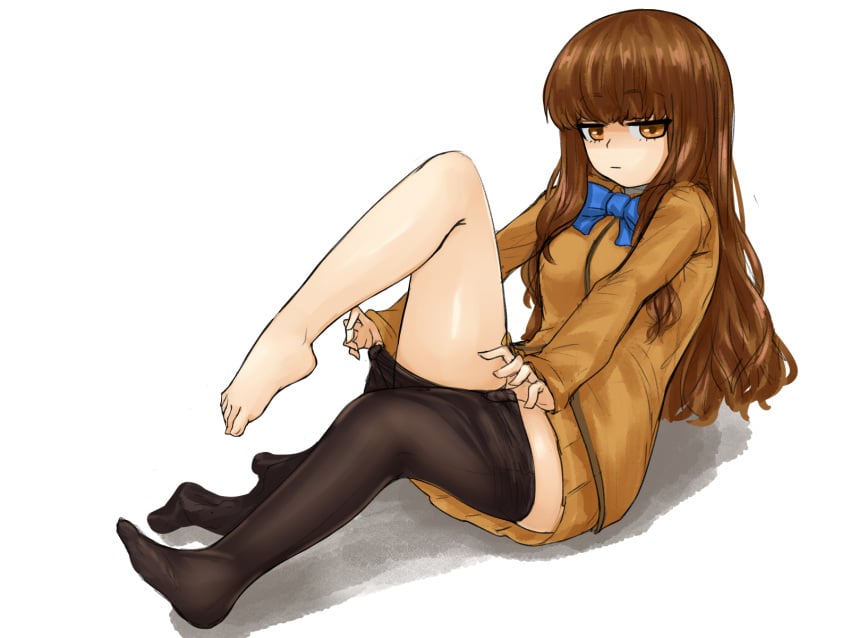 1girls breasts brown_eyes brown_hair fate/extra fate_(series) feet female female_only foot_fetish kishinami_hakuno_(female) long_hair looking_at_viewer pantyhose ribbon steamingtofu white_background