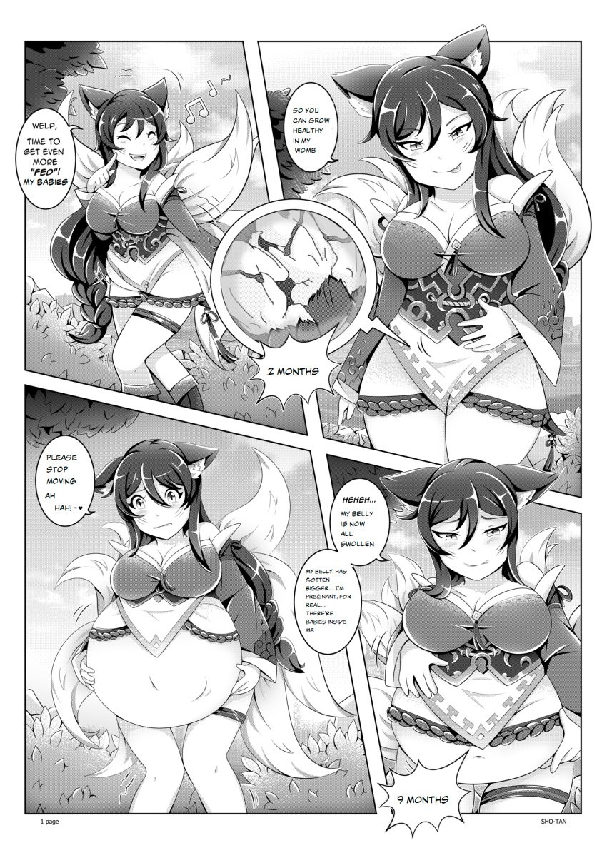 ahri animal_ears belly_button big_breasts black_and_white blush cleavage clothing comic cross_section early_pregnancy english_text female female_only fetus fox fox_ears fox_girl fox_tail inside_view kemono kimono kitsune knees_together_feet_apart league_of_legends long_hair musical_note pregnancy_progression pregnant pregnant_belly rapid_pregnancy ready_to_pop sho-tan shrinking smile speech_bubble spontaneous_pregnancy wide_hips x-ray