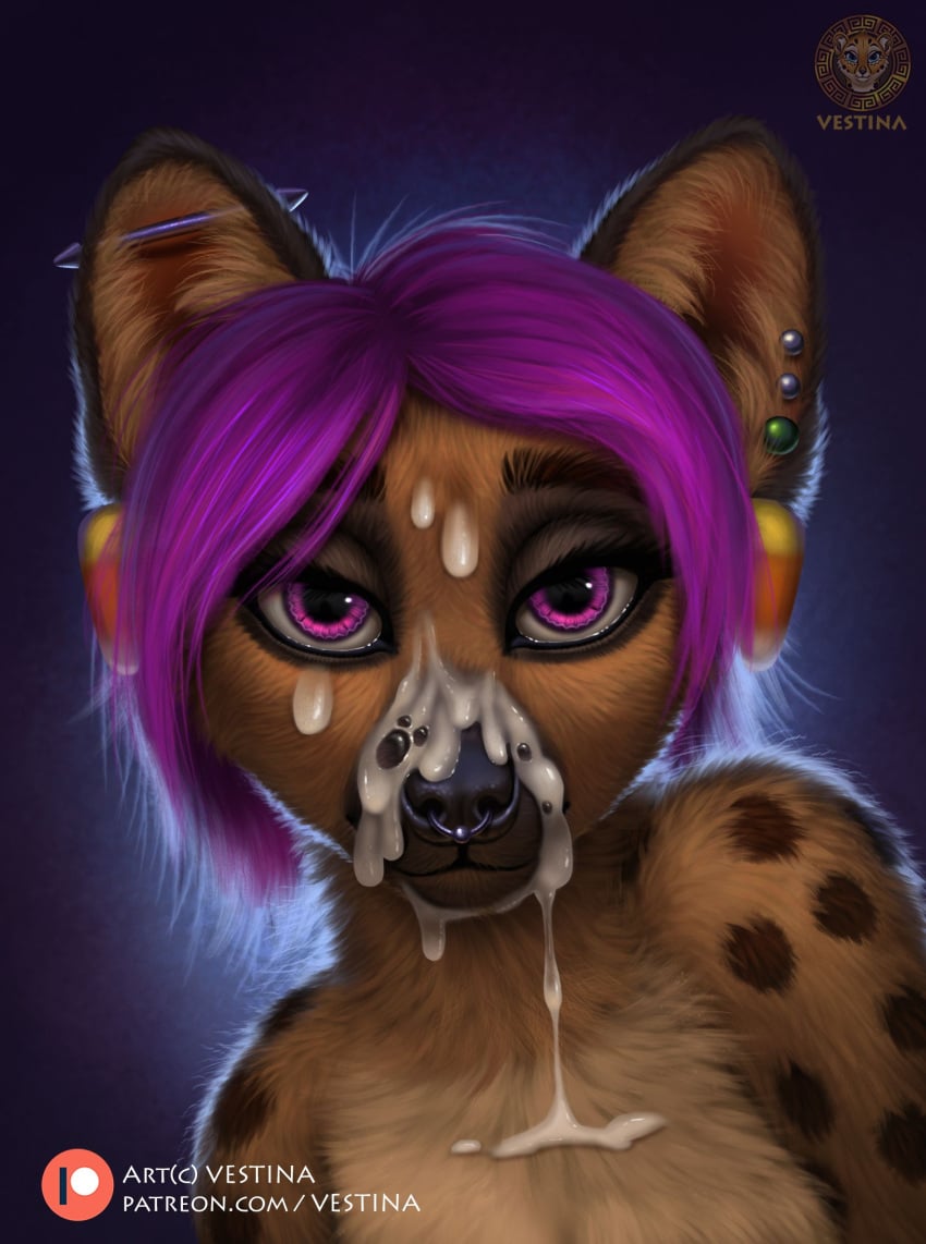 absurd_res anthro bodily_fluids brown_body brown_fur cum cum_on_face digital_media_(artwork) ear_piercing facial_piercing female fluffy fluffy_chest fluffy_ears fur genital_fluids hair hi_res hyaenid industrial_piercing mammal neck_tuft nose_piercing piercing purple_eyes purple_hair septum_piercing shaded solo text thick_cum tuft url vestina